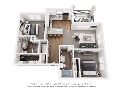 A 3D floor plan of a house with multiple rooms.